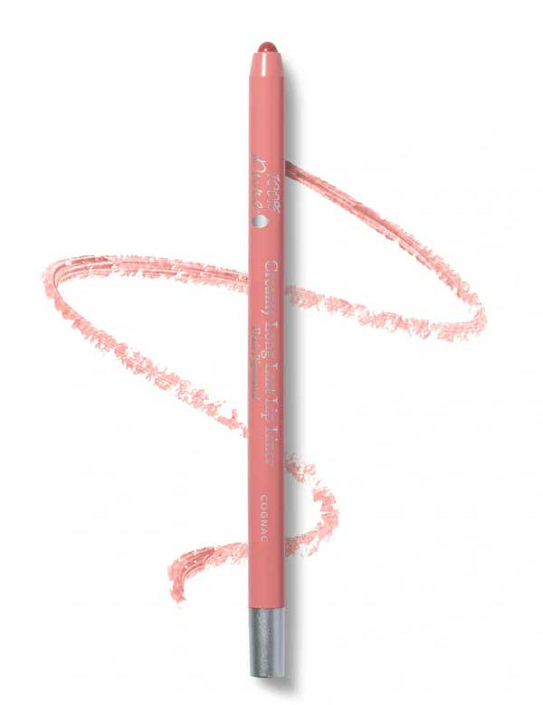 The 100% Pure Creamy Long Last Lip Liner 1.14g by 100% Pure, in pink with a metallic silver cap, rests on a white background with a matching pink squiggly line beside it.
