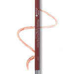 A mauve pink 100% Pure Creamy Long Last Lip Liner 1.14g matte pencil is shown with a drawn squiggle of its color on a white background.