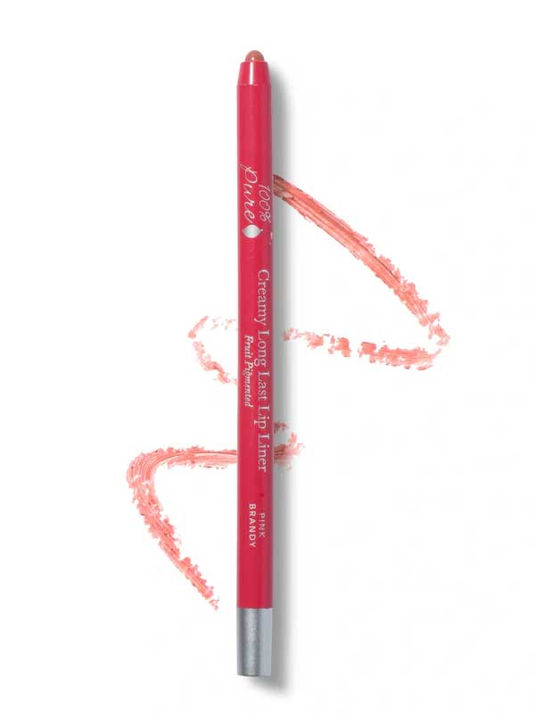 The 100% Pure Creamy Long Last Lip Liner 1.14g, shown in pink with a matte swatch, features "Love Dive" in white and pink text on the pencil. Brand: 100% Pure.