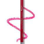 A silver-capped 100% Pure Creamy Long Last Lip Liner 1.14g draws a wavy, bright pink line on a white background.