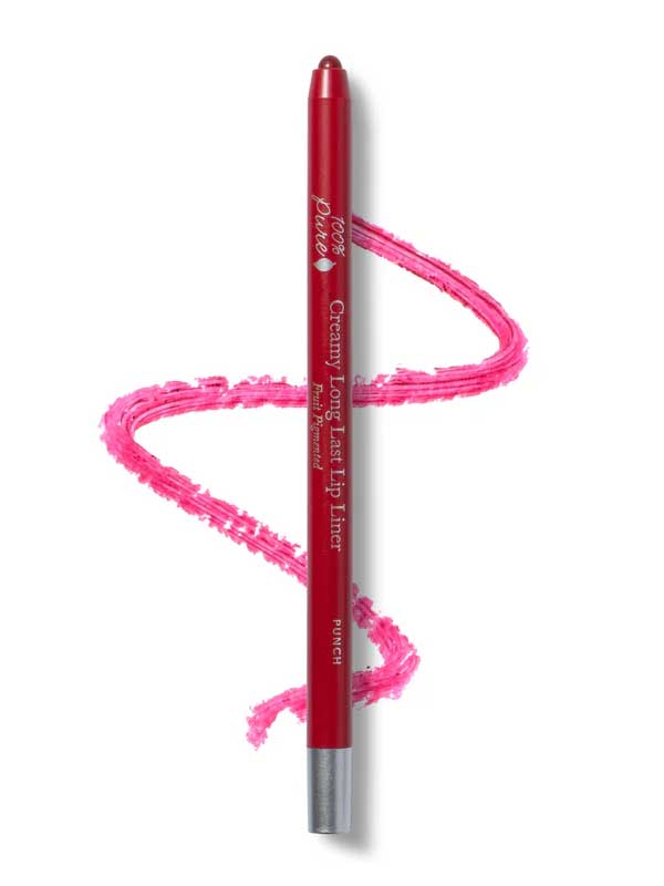 A silver-capped 100% Pure Creamy Long Last Lip Liner 1.14g draws a wavy, bright pink line on a white background.