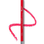 A 100% Pure Creamy Long Last Lip Liner 1.14g pencil with a silver tip is displayed on a white background, drawing a curvy pinkish-red line. The label reads “100% Pure.”.