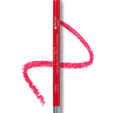 A 100% Pure Creamy Long Last Lip Liner 1.14g pencil with a silver tip is displayed on a white background, drawing a curvy pinkish-red line. The label reads “100% Pure.”.