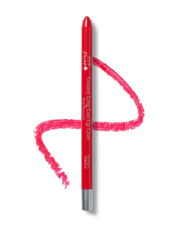 A 100% Pure Creamy Long Last Lip Liner 1.14g pencil with a silver tip is displayed on a white background, drawing a curvy pinkish-red line. The label reads “100% Pure.”.