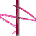 A pink 100% Pure Creamy Long Last Lip Liner 1.14g pencil rests on a white surface, surrounded by vivid pink lip liner swatches.
