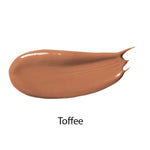 A smooth, glossy swipe of 100% Pure Fruit Pigmented® Tinted Moisturiser 30ml in Toffee delivers vegan, natural medium brown coverage on a white background.