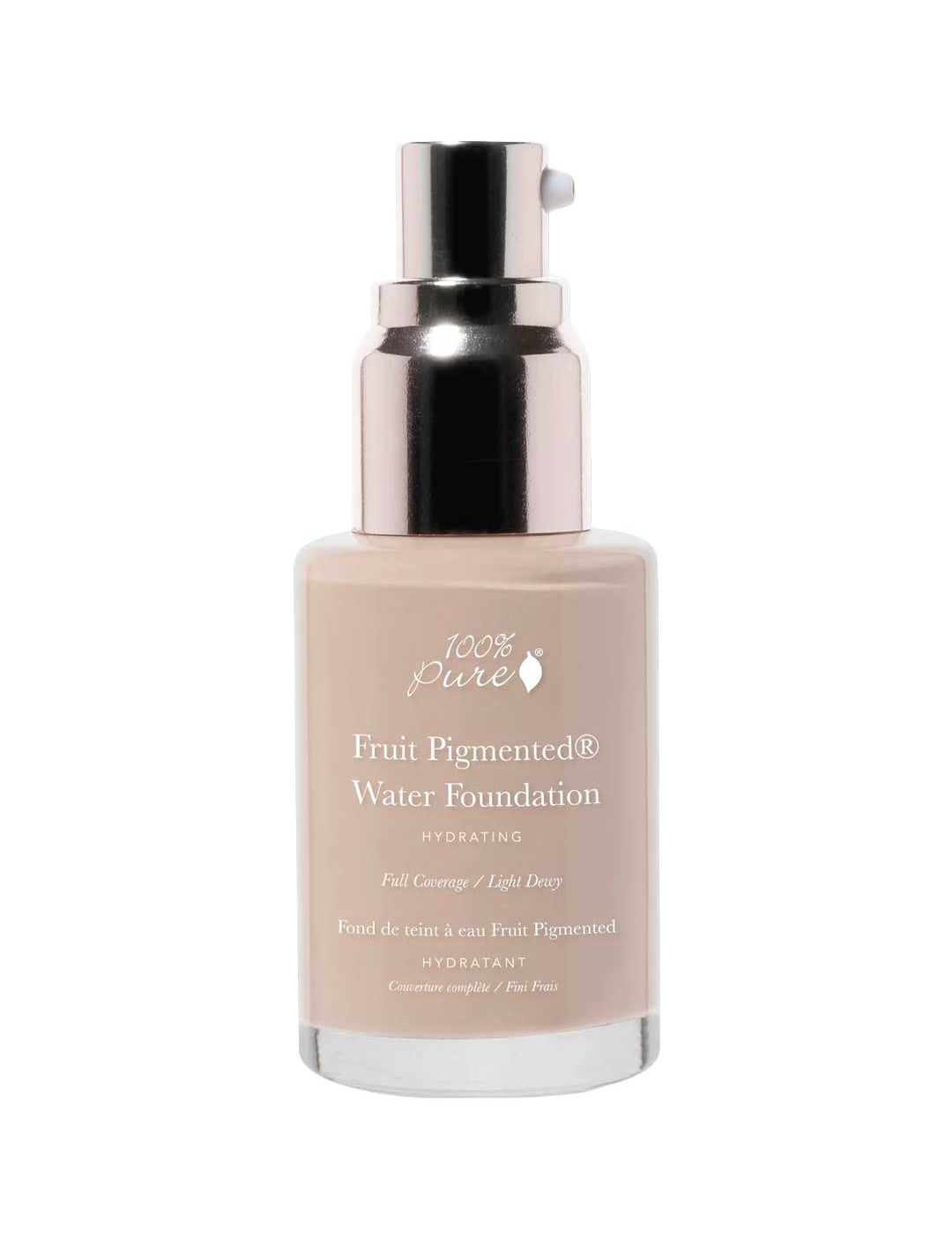 A 30ml bottle of 100% Pure Full Coverage Water Foundation with a silver pump dispenser, clear label, and beige vegan liquid foundation inside for a satin dewy finish.