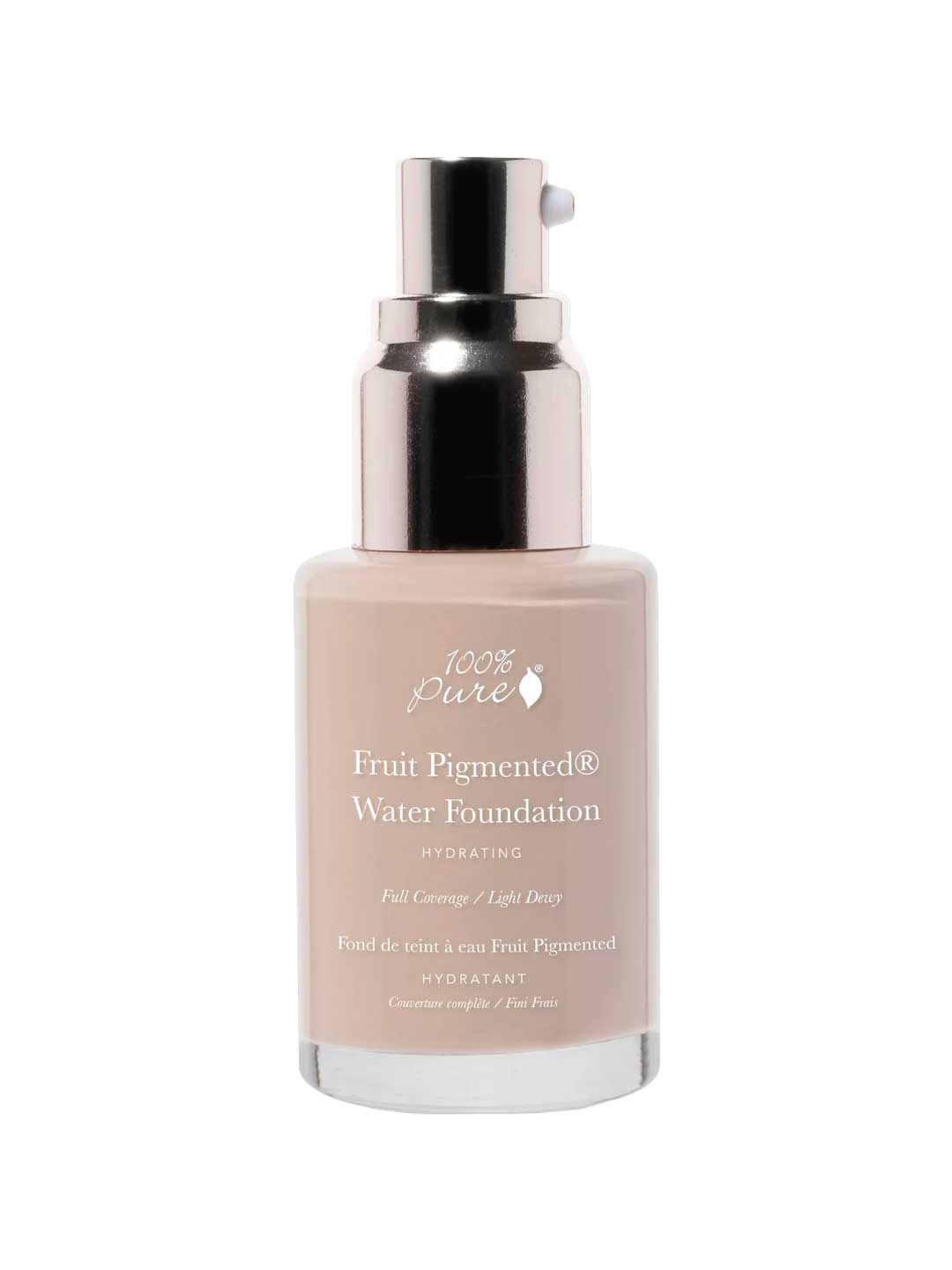 A 30ml bottle of 100% Pure Full Coverage Water Foundation with a silver pump dispenser, clear label, and beige vegan liquid foundation inside for a satin dewy finish.