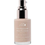 A 30ml bottle of 100% Pure Full Coverage Water Foundation with a silver pump dispenser, clear label, and beige vegan liquid foundation inside for a satin dewy finish.