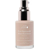 A 30ml bottle of 100% Pure Full Coverage Water Foundation with a silver pump dispenser, clear label, and beige vegan liquid foundation inside for a satin dewy finish.