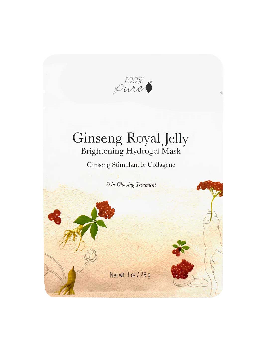 The 100% Pure Ginseng Royal Jelly Brightening Hydrogel Sheet Mask (28g) is a facial treatment with ginseng, royal jelly, and collagen. The pack showcases fruit and botanical illustrations. Net weight: 1 oz (28g).