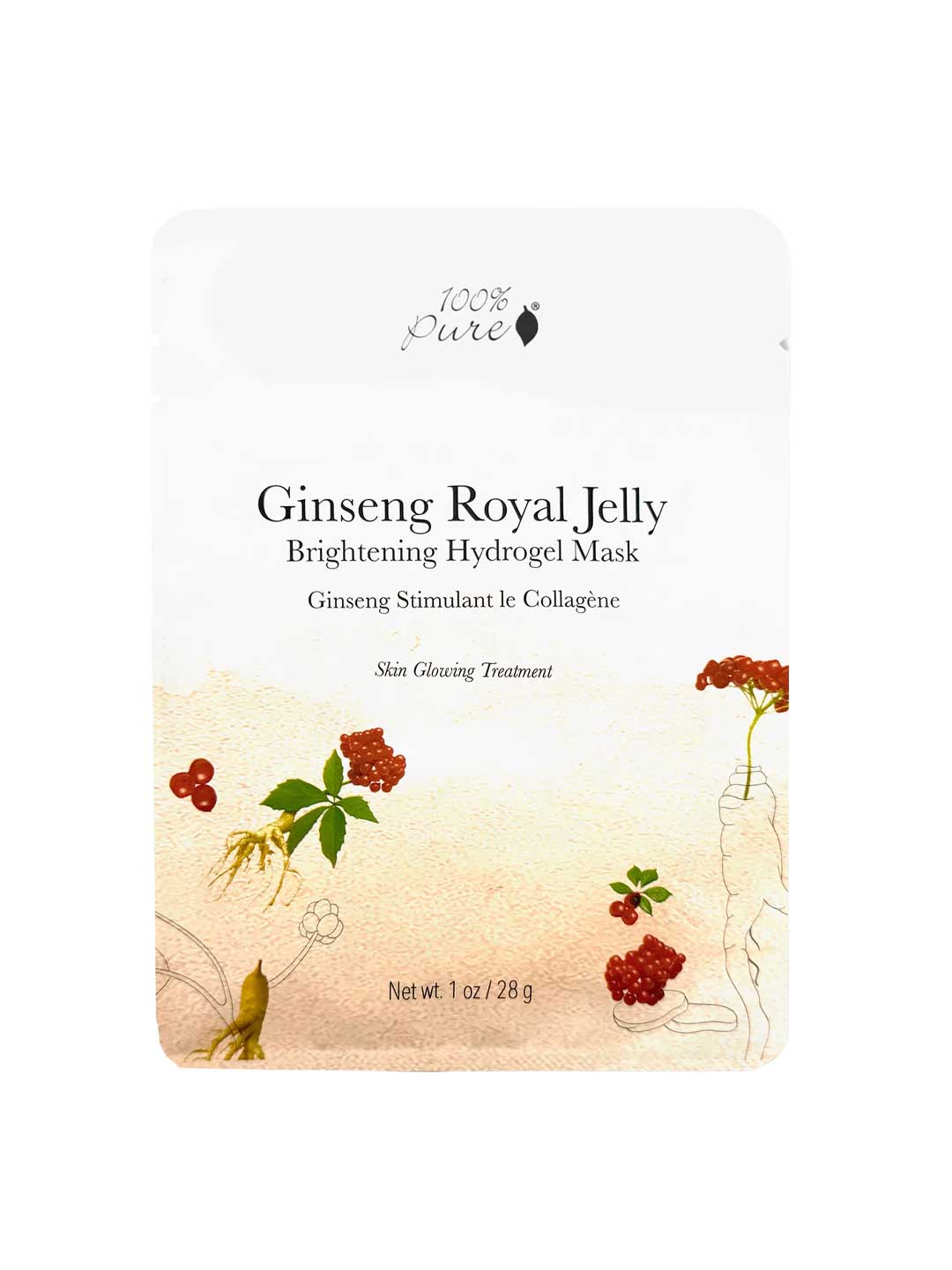The 100% Pure Ginseng Royal Jelly Brightening Hydrogel Sheet Mask (28g) is a facial treatment with ginseng, royal jelly, and collagen. The pack showcases fruit and botanical illustrations. Net weight: 1 oz (28g).