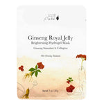 The 100% Pure Ginseng Royal Jelly Brightening Hydrogel Sheet Mask (28g) is a facial treatment with ginseng, royal jelly, and collagen. The pack showcases fruit and botanical illustrations. Net weight: 1 oz (28g).