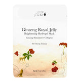 The 100% Pure Ginseng Royal Jelly Brightening Hydrogel Sheet Mask (28g) is a facial treatment with ginseng, royal jelly, and collagen. The pack showcases fruit and botanical illustrations. Net weight: 1 oz (28g).