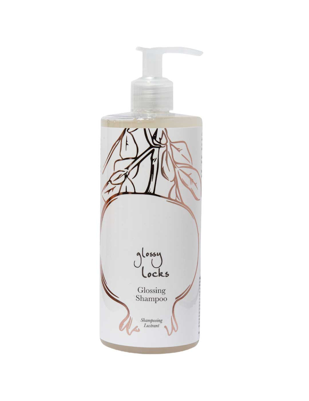 A clear pump bottle of 100% Pure Glossy Locks Glossing Shampoo, with a white label featuring a minimalist line drawing of pomegranate branches and leaves.