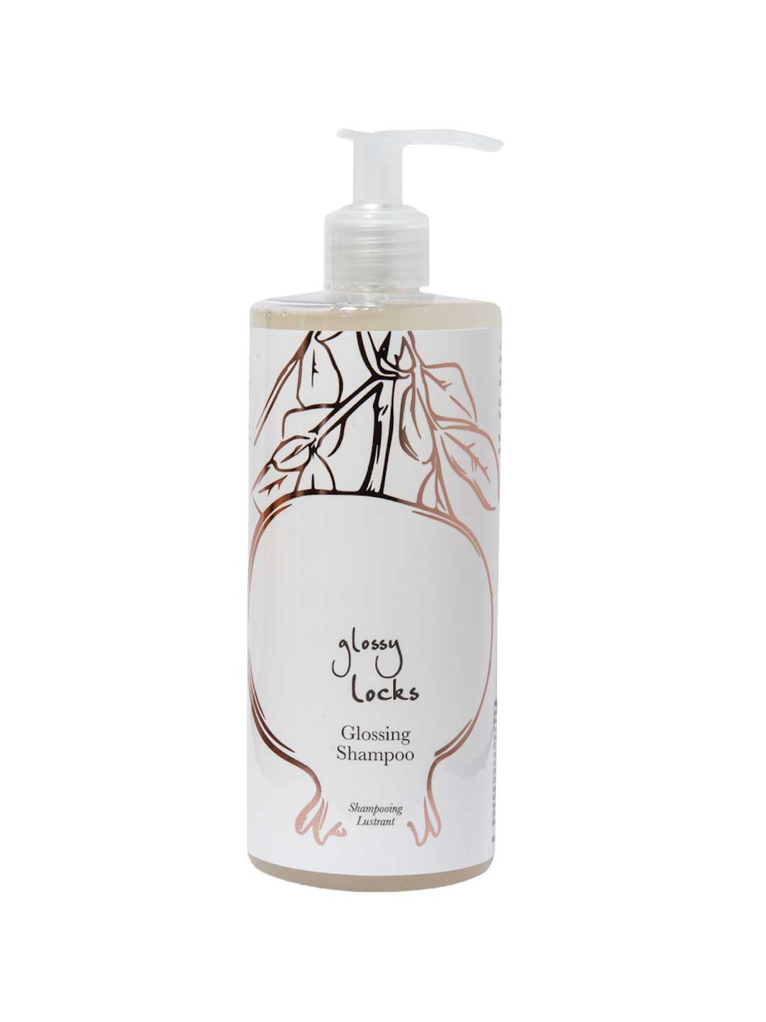 A clear pump bottle of 100% Pure Glossy Locks Glossing Shampoo, with a white label featuring a minimalist line drawing of pomegranate branches and leaves.