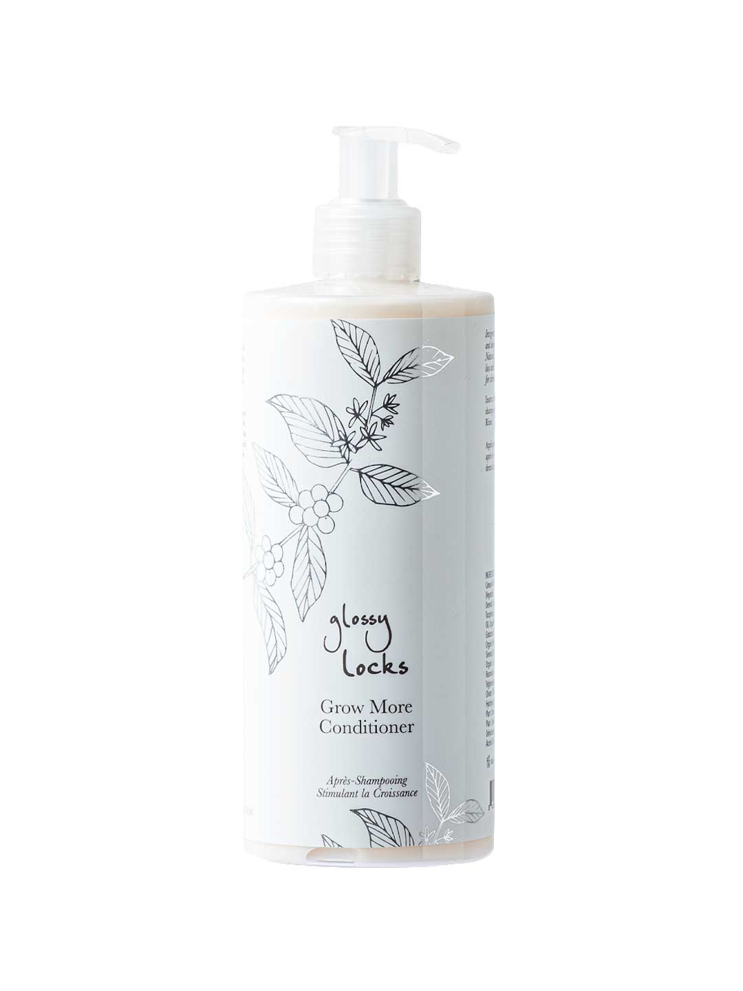 A white bottle of 100% Pure Glossy Locks Grow More Conditioner with a pump, featuring black botanical illustrations and simple, elegant text on the label.