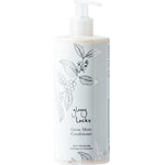 A white bottle of 100% Pure Glossy Locks Grow More Conditioner with a pump, featuring black botanical illustrations and simple, elegant text on the label.