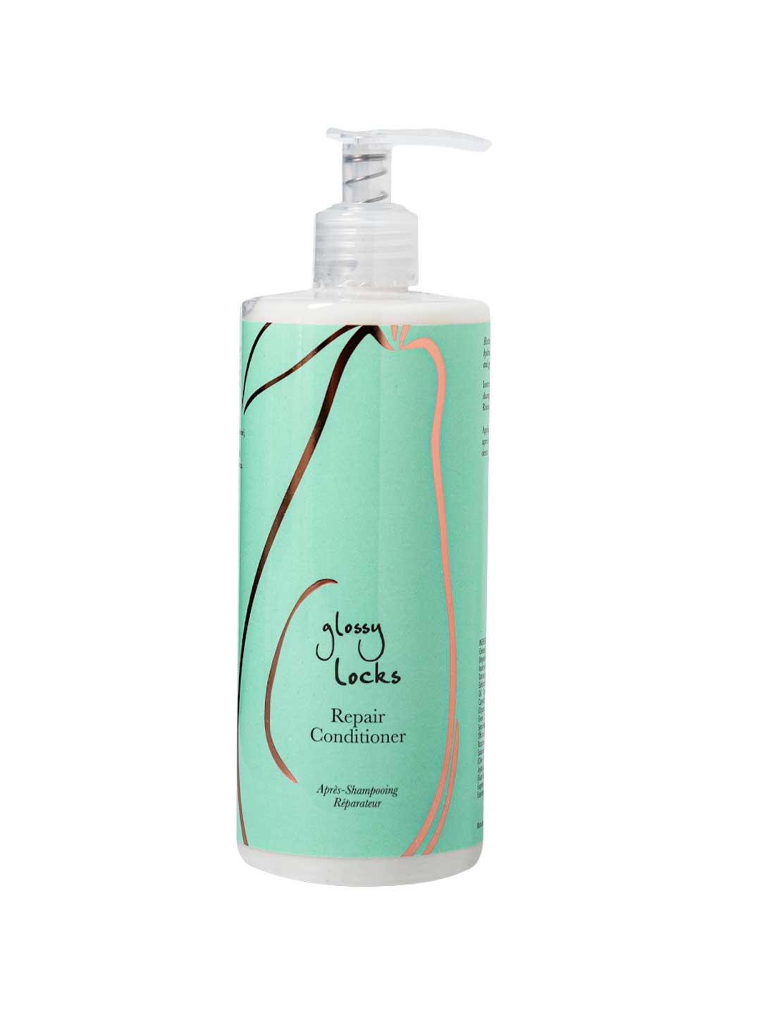 A bottle of 100% Pure Glossy Locks Repair Conditioner with a pump, mint green label featuring abstract black and peach lines, and black text.