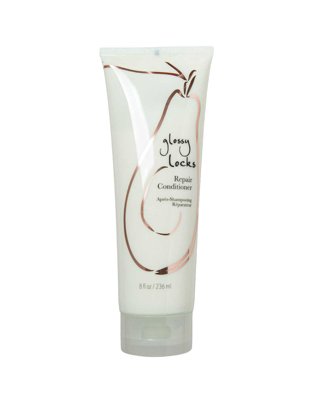 An 8 fl oz (236 ml) tube of 100% Pure Glossy Locks Repair Conditioner by 100% Pure, featuring a minimalist design with stylized graphics and text on a white background.