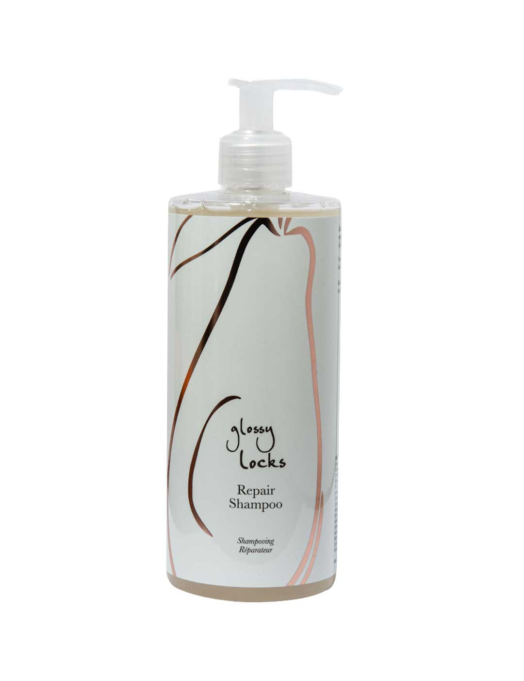 A bottle of 100% Pure Glossy Locks Repair Shampoo with a pump dispenser features the 100% Pure brand, minimalist hairline artwork, and black, brown, and pink text on a white label.