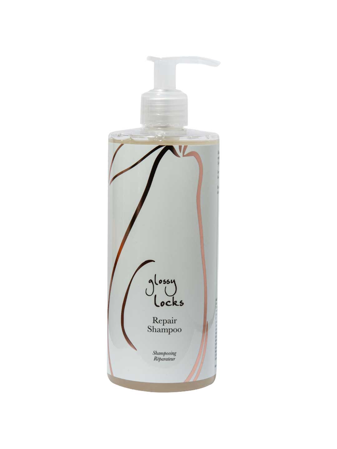 A bottle of 100% Pure Glossy Locks Repair Shampoo with a pump dispenser features the 100% Pure brand, minimalist hairline artwork, and black, brown, and pink text on a white label.