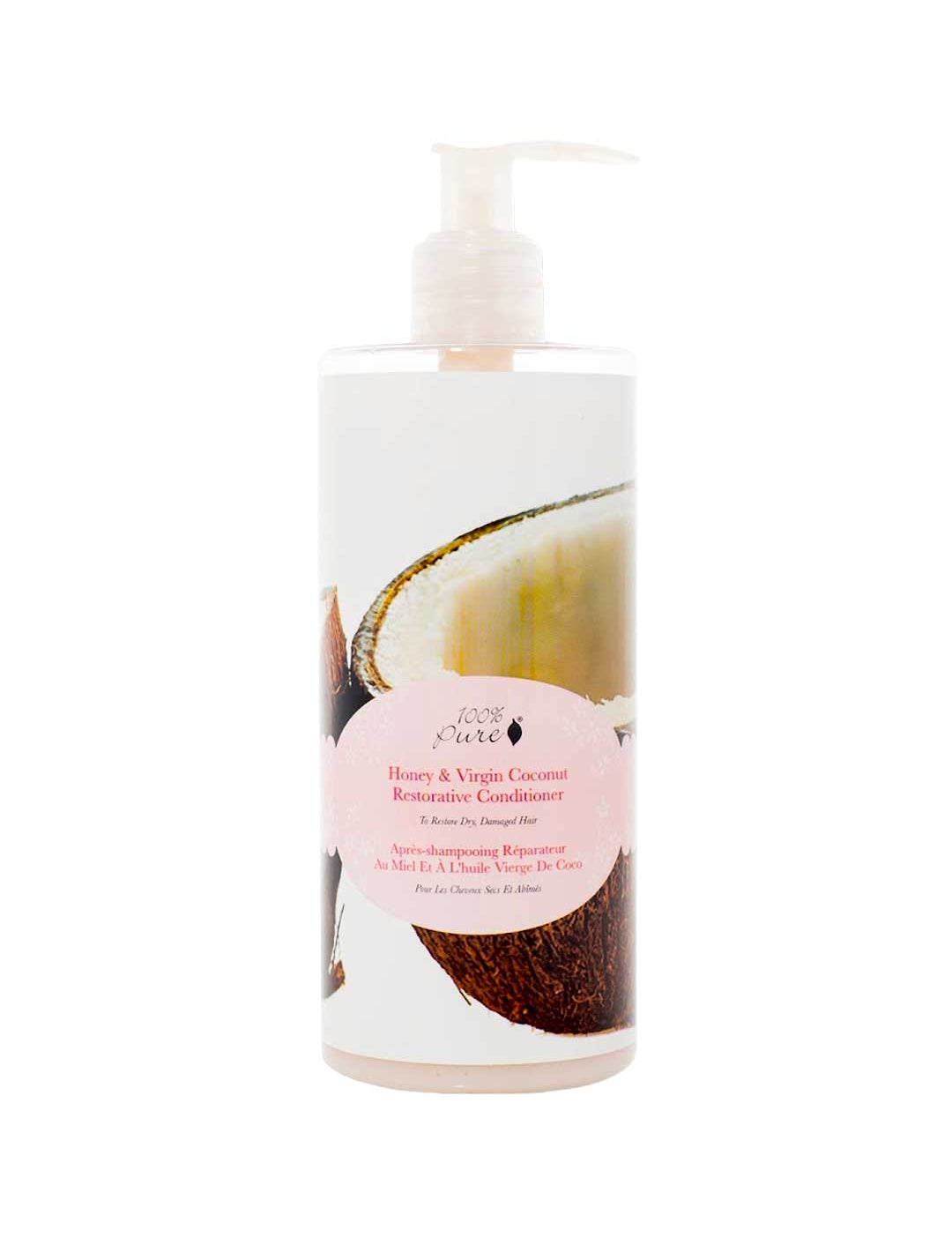A pump bottle of 100% Pure Honey & Virgin Coconut Restorative Conditioner by 100% Pure, sulfate-free, with pink-accented labeling and cracked coconut imagery on the packaging.
