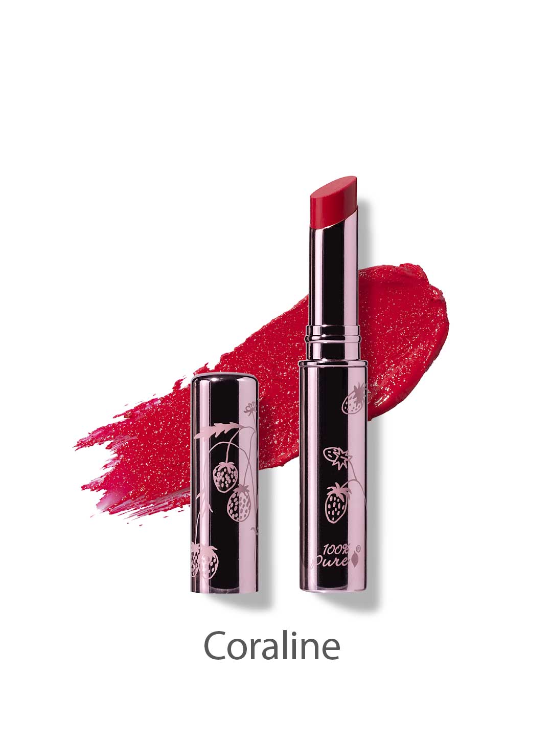 A 100% Pure Fruit Pigmented® Lip Glaze 2.5g in Coraline with the cap off and a red swatch behind it. The silver tube has a decorative fruit pattern and the brand name, 100% Pure.
