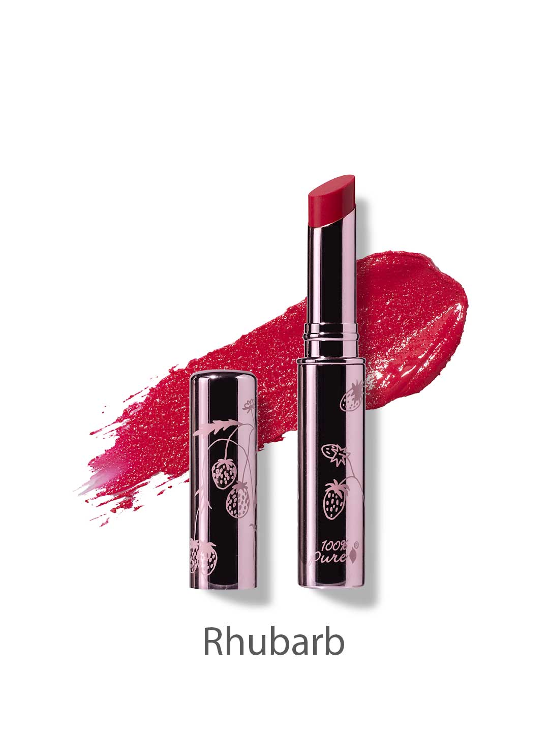 A metallic tube of 100% Pure Fruit Pigmented® Lip Glaze 2.5g by 100% Pure, featuring a floral design and deep red Rhubarb shade. A color swatch is displayed behind the tube on a white background.