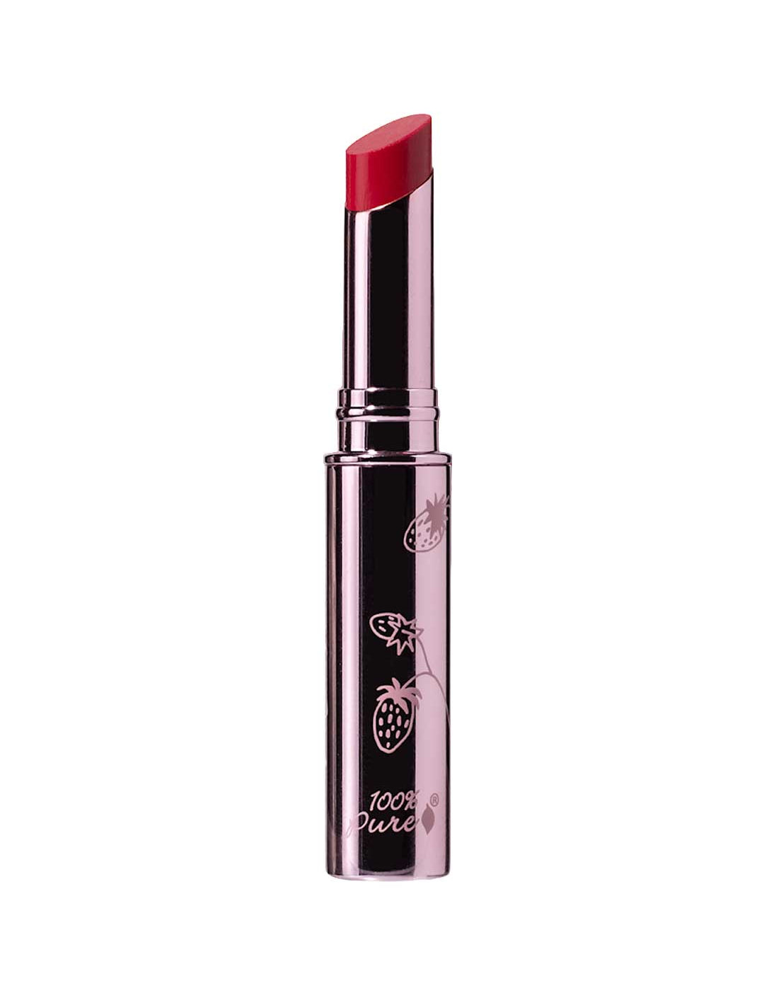 A 2.5g tube of 100% Pure Lip Glaze by 100% Pure, in a shiny metallic case with white fruit illustrations and "100% Pure" text near the base, displayed against a white background.
