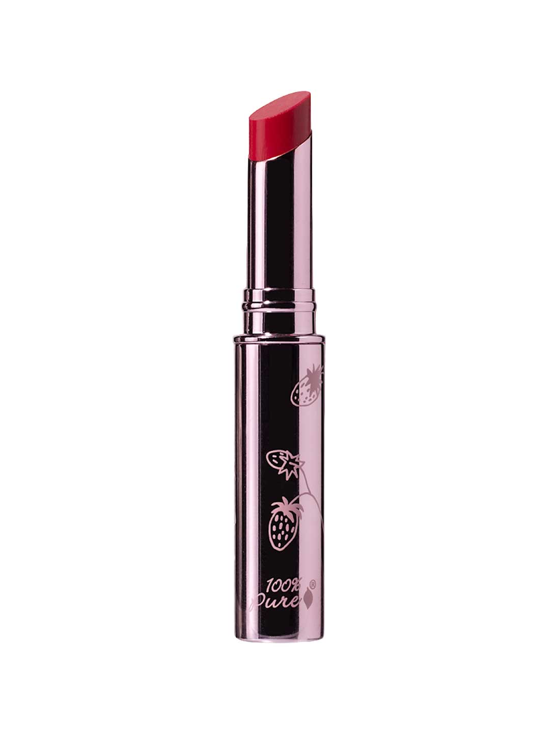 A 2.5g tube of 100% Pure Fruit Pigmented® Lip Glaze stands upright, featuring a metallic case with white strawberry illustrations and "100% Pure" text near the base, set against a white background.