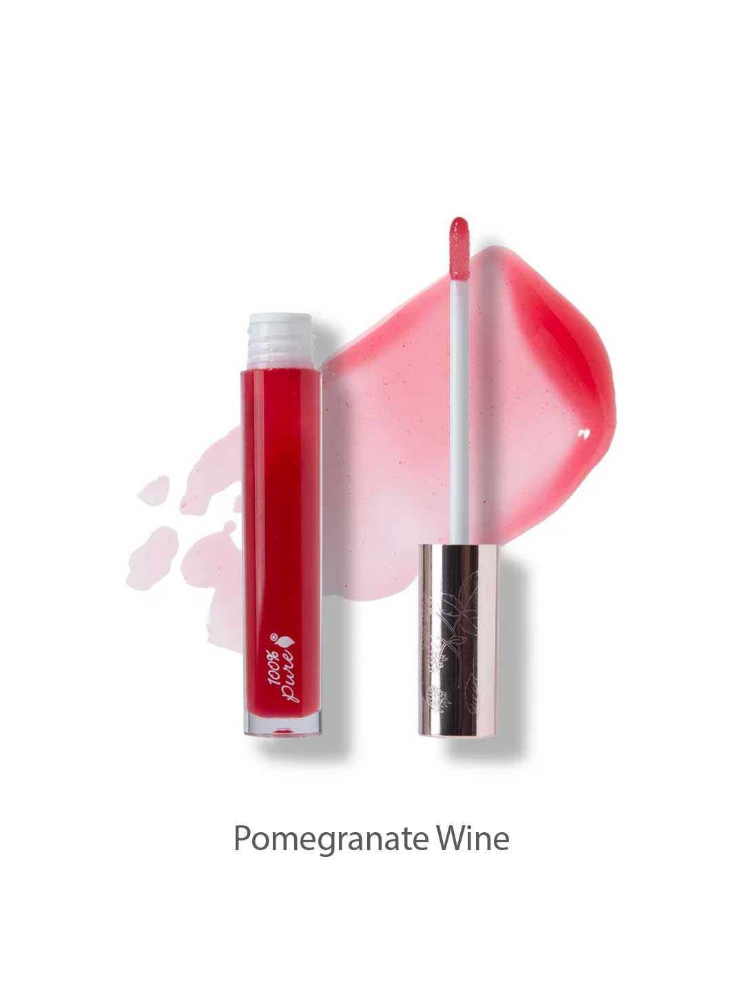 A tube of 100% Pure Fruit Pigmented® Lip Gloss (4.17ml) in red with a wand applicator, some gloss swiped beside it and labeled Pomegranate Wine, is shown on a white background.