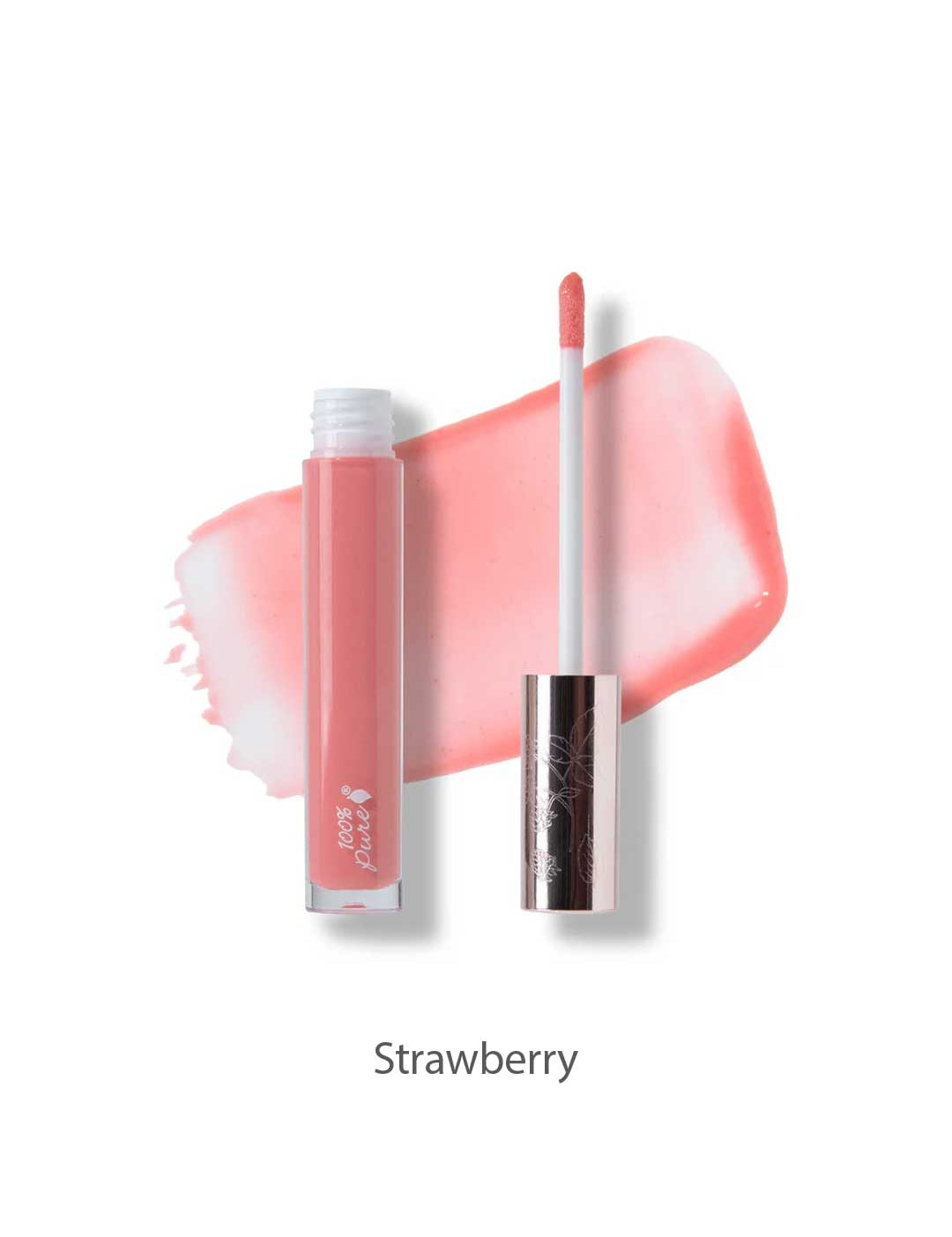 A 4.17ml tube of 100% Pure Lip Gloss and its applicator rest on a pink gloss smear, with the caption "Strawberry" below.