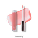 A 100% Pure Fruit Pigmented® Lip Gloss 4.17ml with an applicator wand sits beside a swatch of its natural formula, with "Strawberry" written below. The gloss is by 100% Pure.