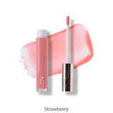 A 100% Pure Fruit Pigmented® Lip Gloss 4.17ml with an applicator wand sits beside a swatch of its natural formula, with "Strawberry" written below. The gloss is by 100% Pure.