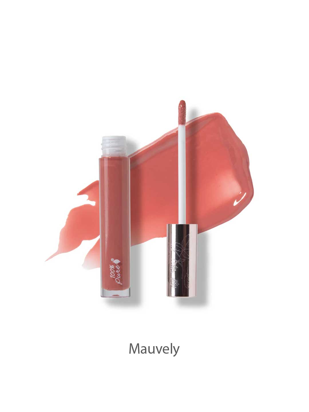 An open tube of 100% Pure Fruit Pigmented® Lip Gloss 4.17ml with a wand applicator is displayed against a mauve smear on white. The brand name, 100% Pure, appears below the image.
