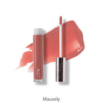 An open tube of 100% Pure Fruit Pigmented® Lip Gloss 4.17ml with a wand applicator is displayed against a mauve smear on white. The brand name, 100% Pure, appears below the image.