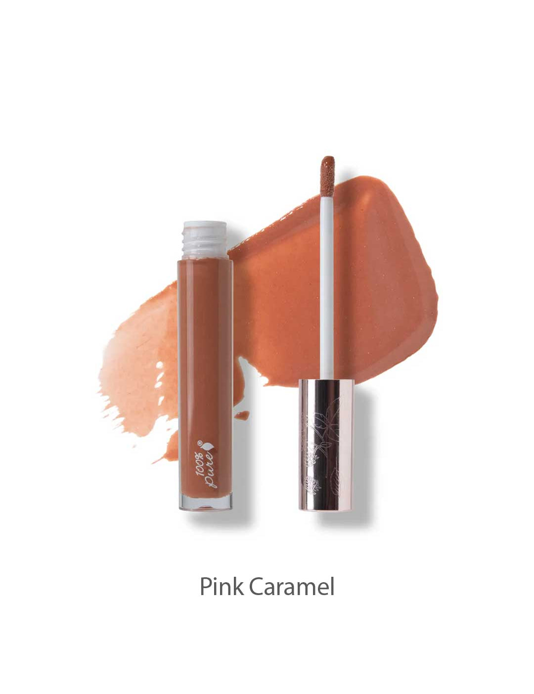 A 4.17ml tube of 100% Pure Lip Gloss in Pink Caramel with its applicator beside it, set against a caramel-pink swatch. Enjoy the vegan, non-sticky formula and flawless shine from 100% Pure.