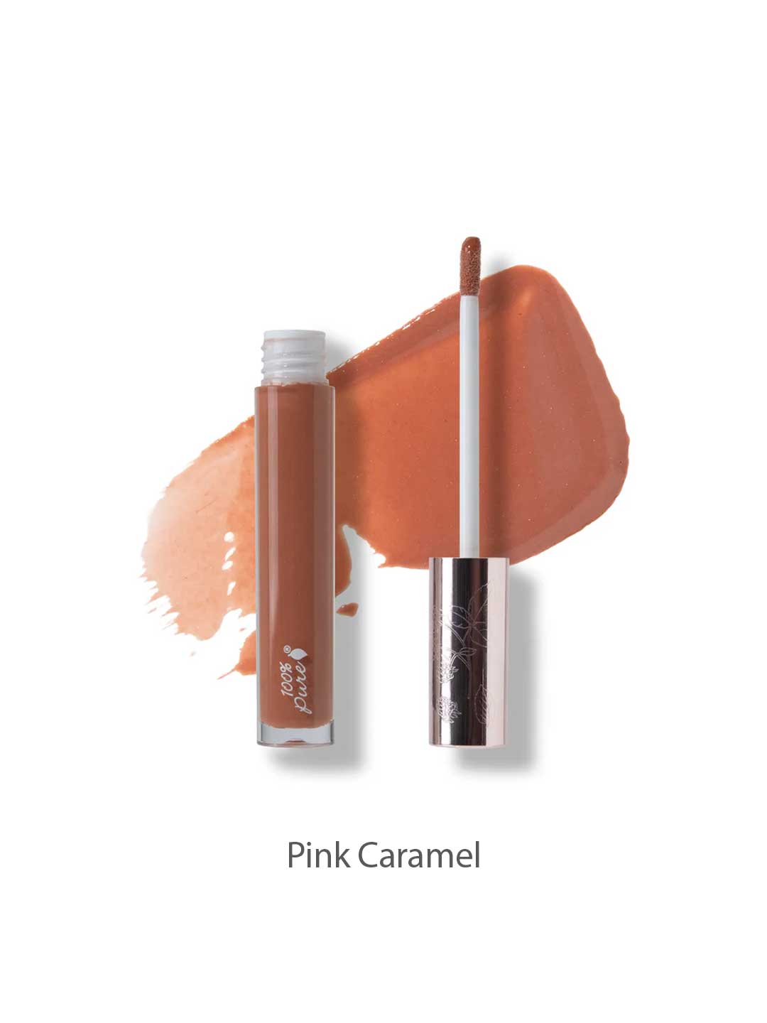 The 100% Pure Fruit Pigmented® Lip Gloss 4.17ml by 100% Pure, labeled Pink Caramel, features a vegan formula made from natural ingredients with its applicator resting on a warm caramel-pink swatch against a white background.