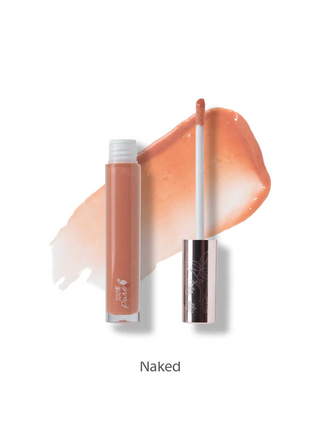 A 4.17ml tube of 100% Pure Fruit Pigmented® Lip Gloss by 100% Pure, shown with its applicator resting on a nude gloss swatch labeled Naked.