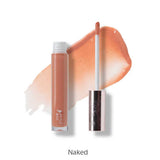 A 4.17ml tube of 100% Pure Fruit Pigmented® Lip Gloss by 100% Pure, shown with its applicator resting on a nude gloss swatch labeled Naked.