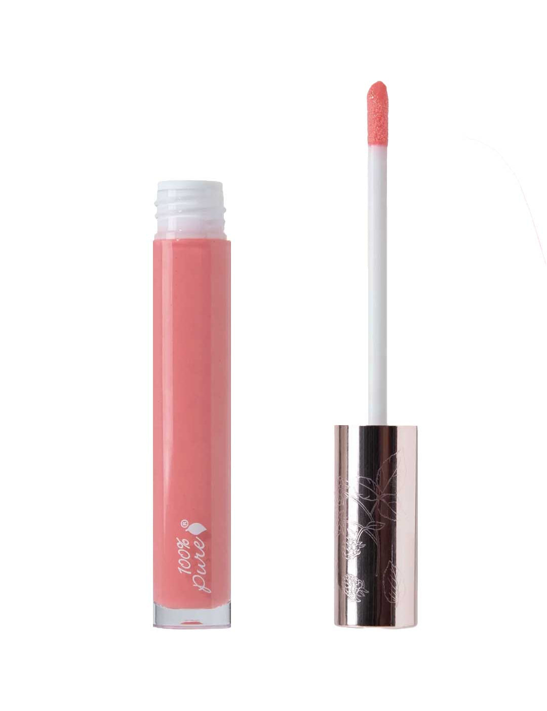 An open tube of 100% Pure Lip Gloss 4.17ml is shown, revealing the applicator coated in pink gloss, a silver cap, and the 100% Pure label.