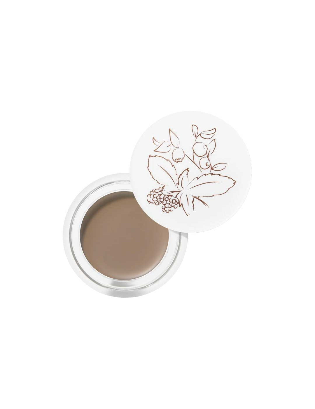 A round tin of 100% Pure Long Last Brows 4.5g vegan brow gel, featuring a botanical illustration on the white lid, partially open to reveal the brown shade—perfect for long-lasting, natural brows.