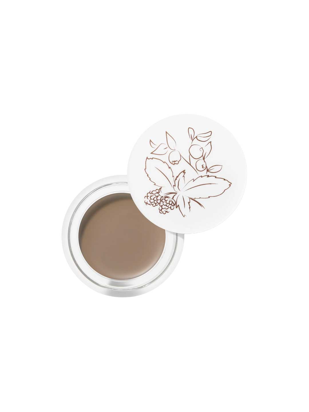 A round tin of 100% Pure Long Last Brows 4.5g vegan brow gel, featuring a botanical illustration on the white lid, partially open to reveal the brown shade—perfect for long-lasting, natural brows.