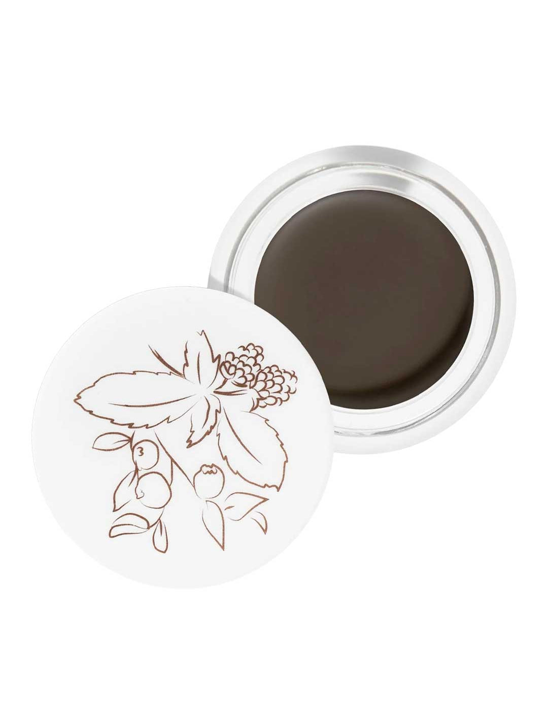 An open 100% Pure Long Last Brows 4.5g container with a white lid featuring a brown floral design. Inside is a dark brown vegan brow gel by 100% Pure, formulated for long-lasting brows.
