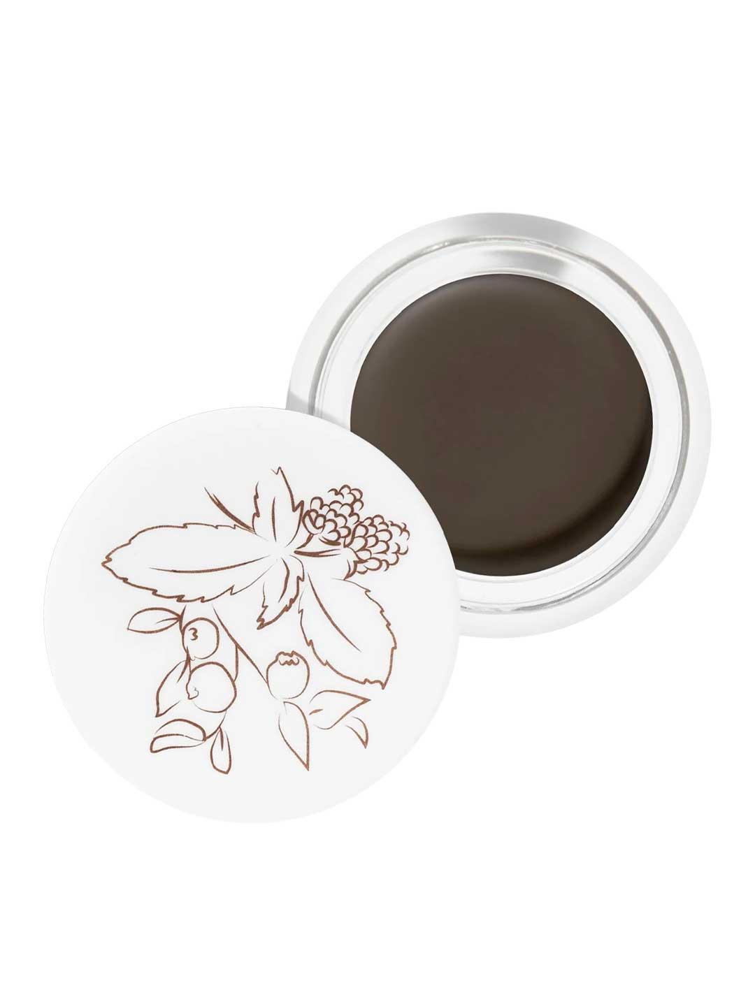 An open 100% Pure Long Last Brows 4.5g container with a white lid featuring a brown floral design. Inside is a dark brown vegan brow gel by 100% Pure, formulated for long-lasting brows.