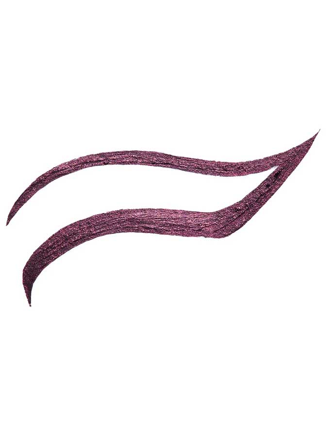 Two bold, metallic plum lines—one thinner and shorter above the other—resembling vegan eyeliner strokes, are drawn on white, showcasing 100% Pure Long Last Liquid Eye Liner 7ml.