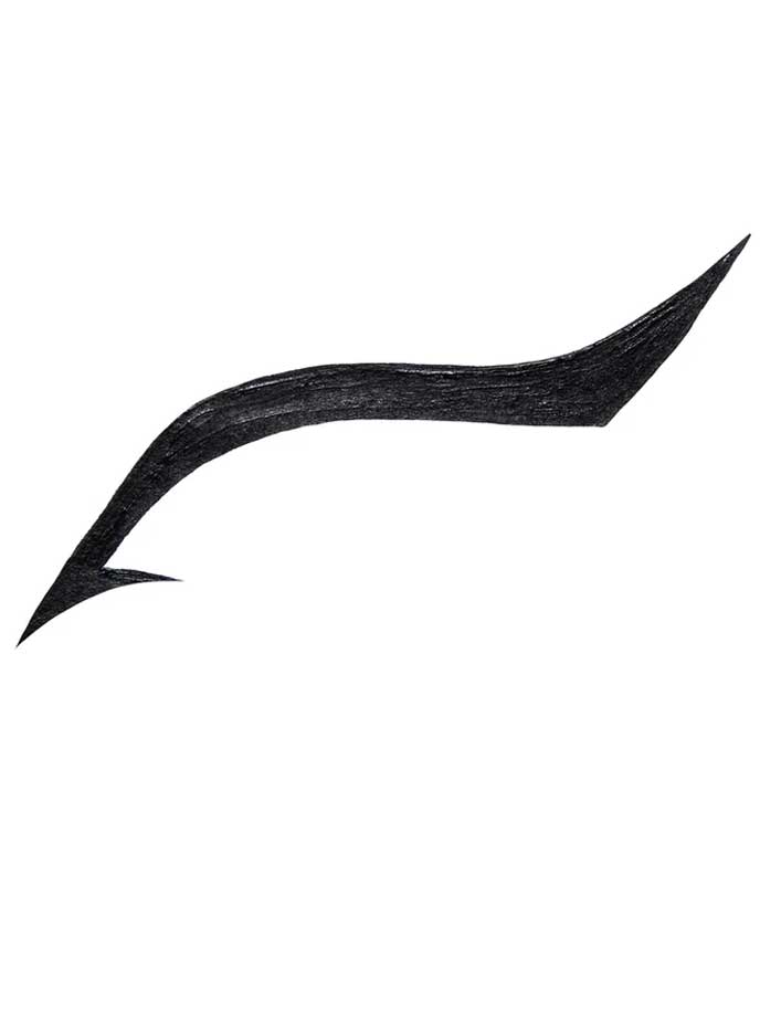 A bold, black, curved line with pointed tips on a white background—reminiscent of the dramatic effect achieved with 100% Pure Long Last Liquid Eye Liner 7ml.