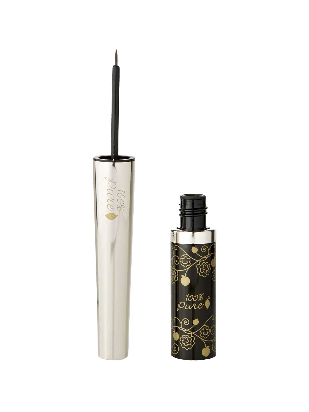 100% Pure Long Last Liquid Eye Liner 7ml is a water-resistant eyeliner with a brush applicator, silver cap, and black bottle adorned with gold floral designs and the 100% Pure brand name.