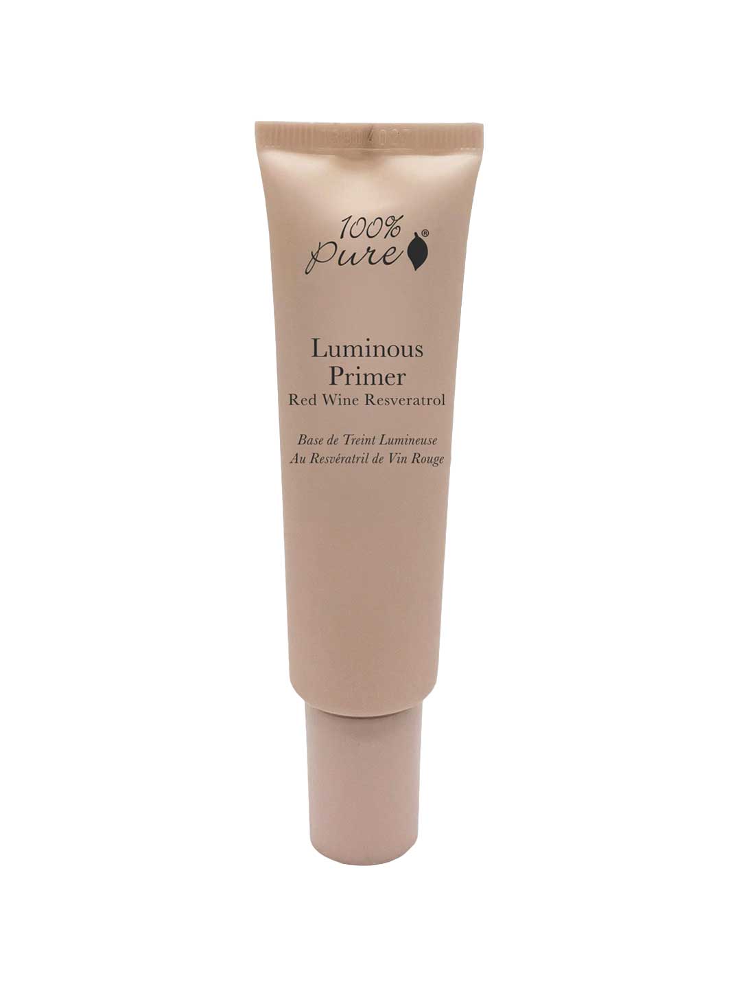 A beige tube labeled 100% Pure Luminous Primer 30ml stands upright on a white background, featuring English and French text and promising a dewy finish.
